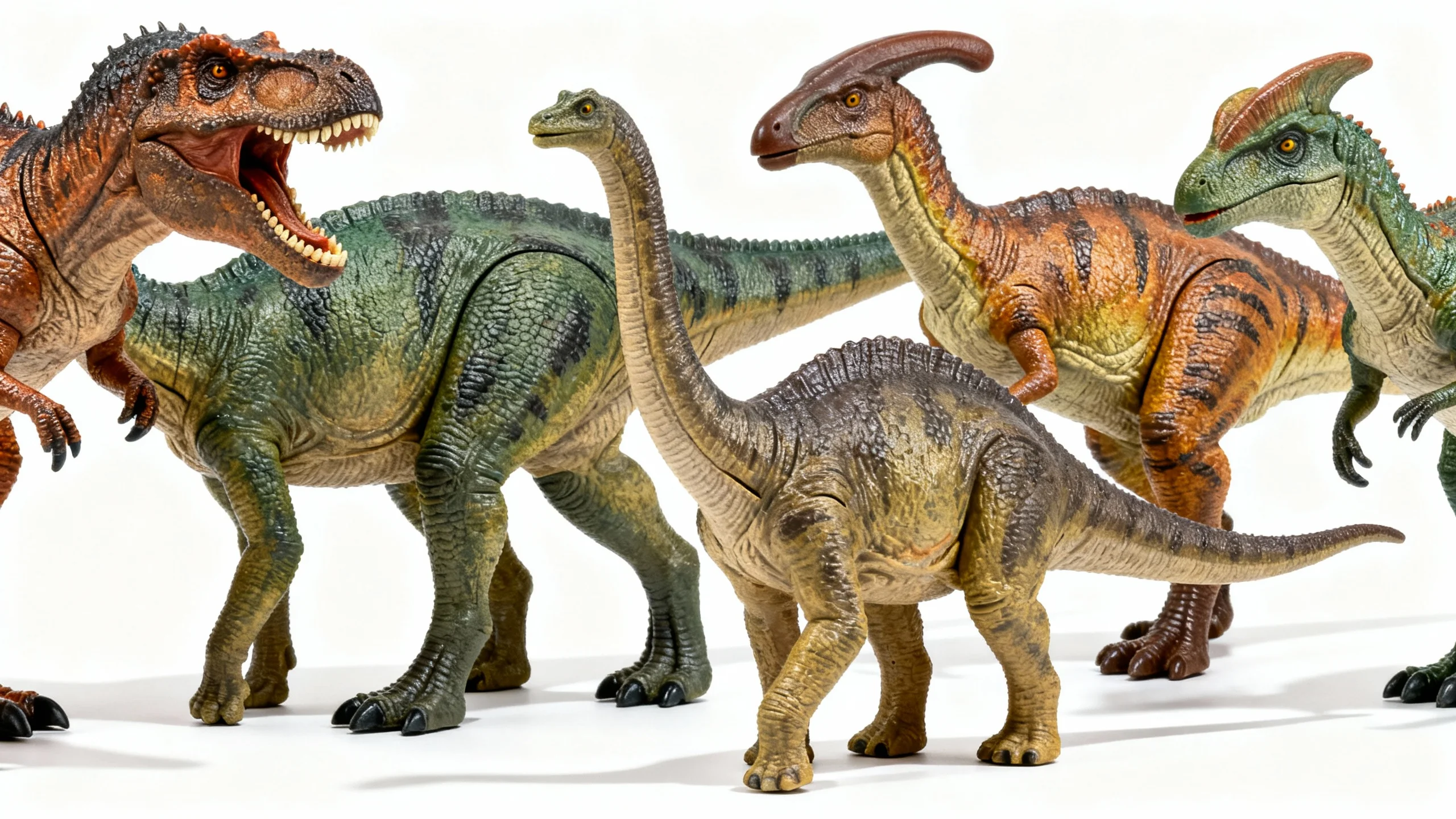 Collection of scientifically accurate dinosaur toys including Tyrannosaurus, Brachiosaurus, Parasaurolophus, and other detailed models