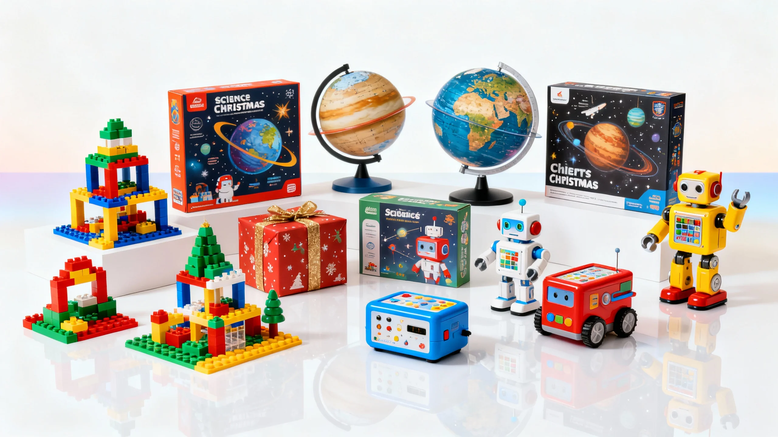 Colorful educational toys including building blocks, toy robots, globes, and boxed science kits arranged with a wrapped Christmas gift