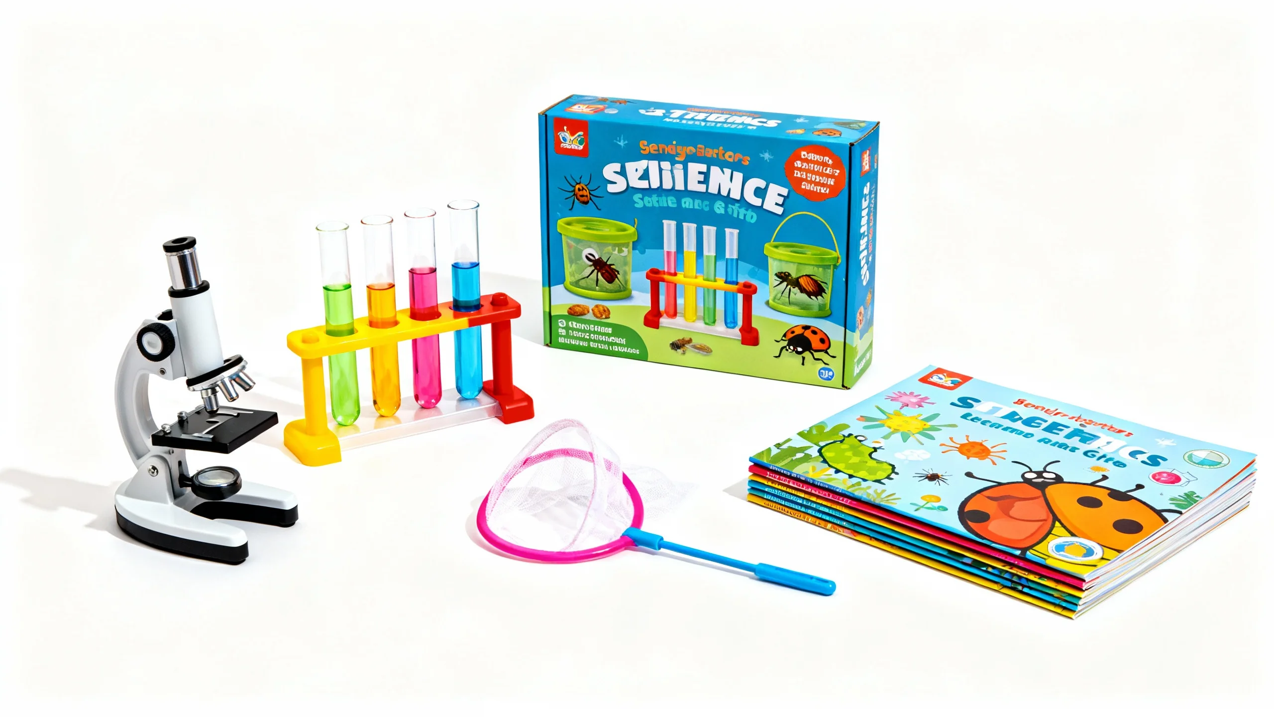 Children's science kit with microscope, colorful test tubes, insect-catching net, and educational books about insects
