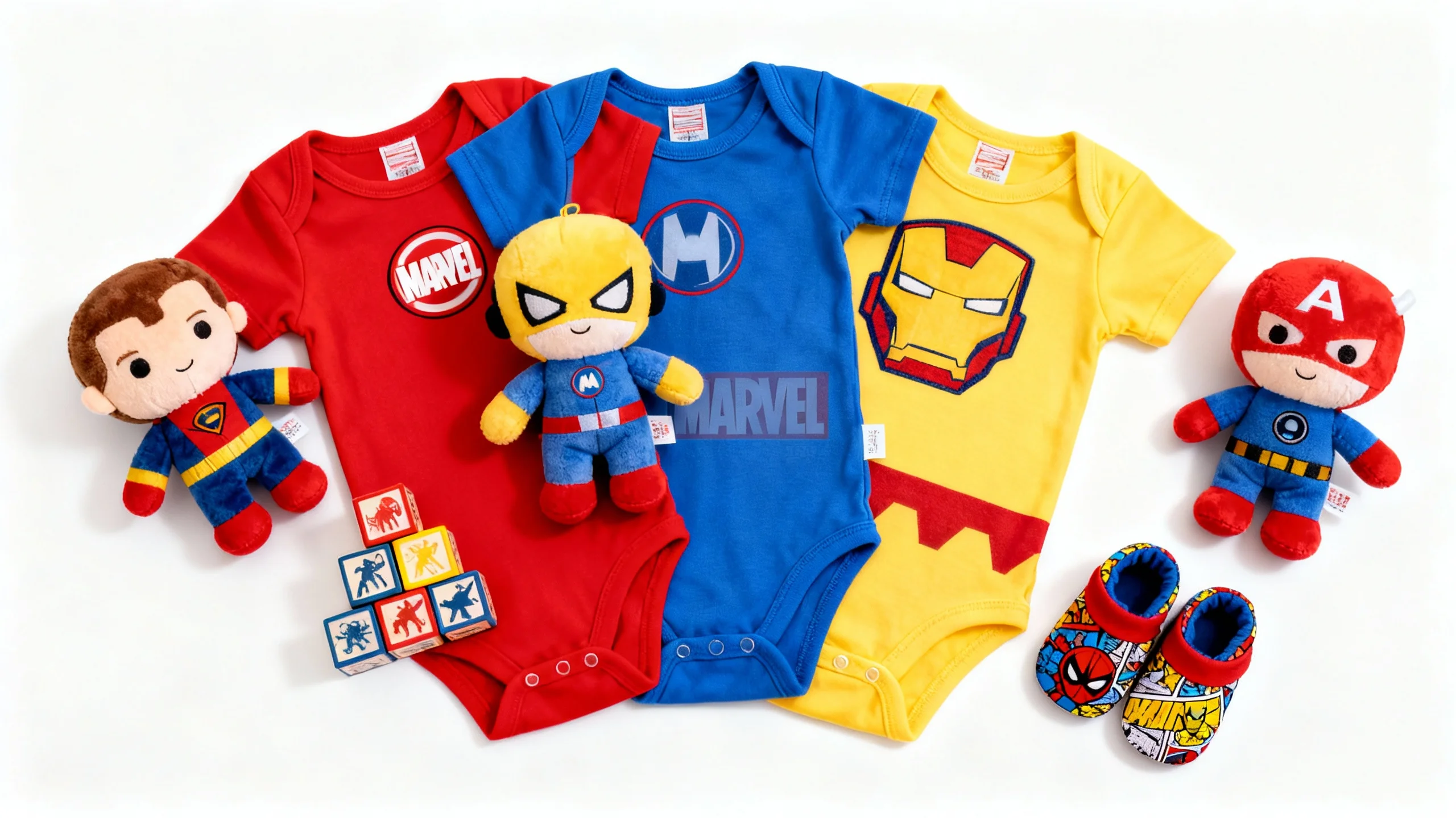 Three colorful Marvel-themed baby bodysuits with matching superhero plush toys and Spider-Man baby shoes on white background