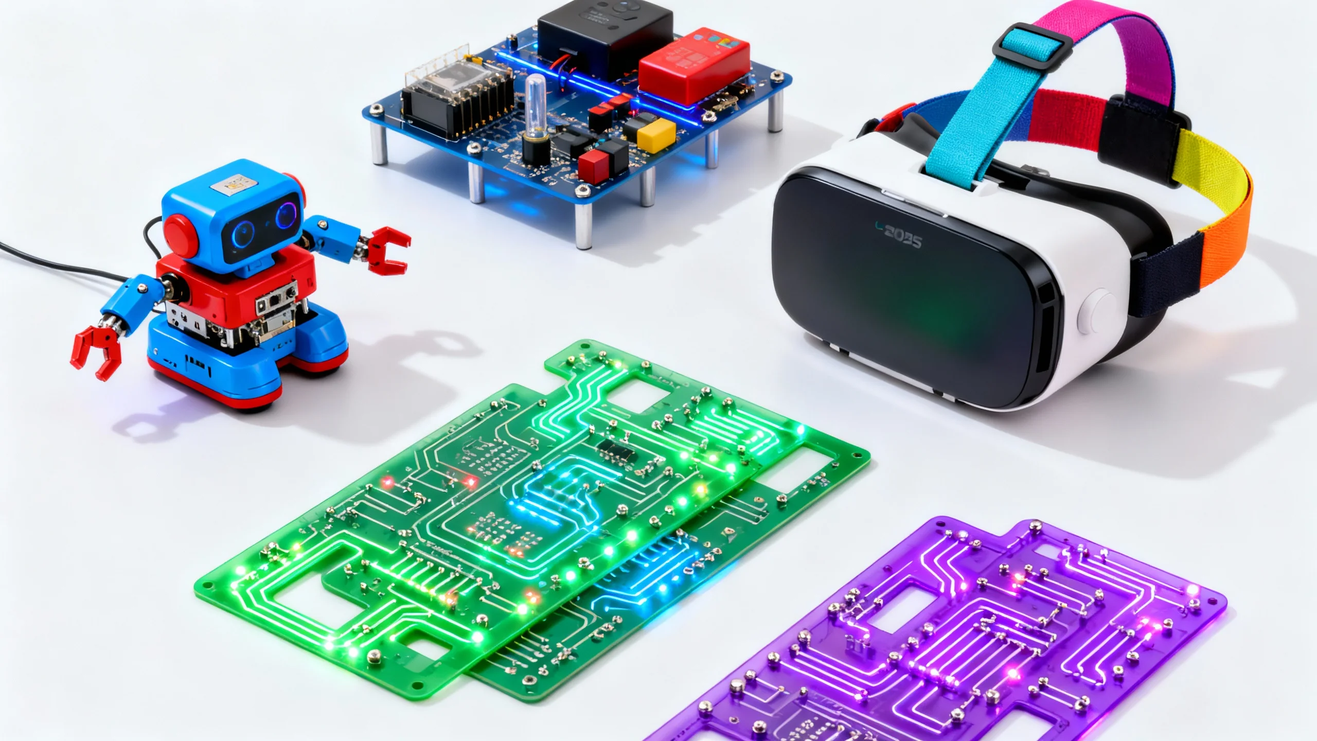 Colorful educational tech toys including a small robot, circuit boards with LED lights, and a virtual reality headset with a rainbow strap