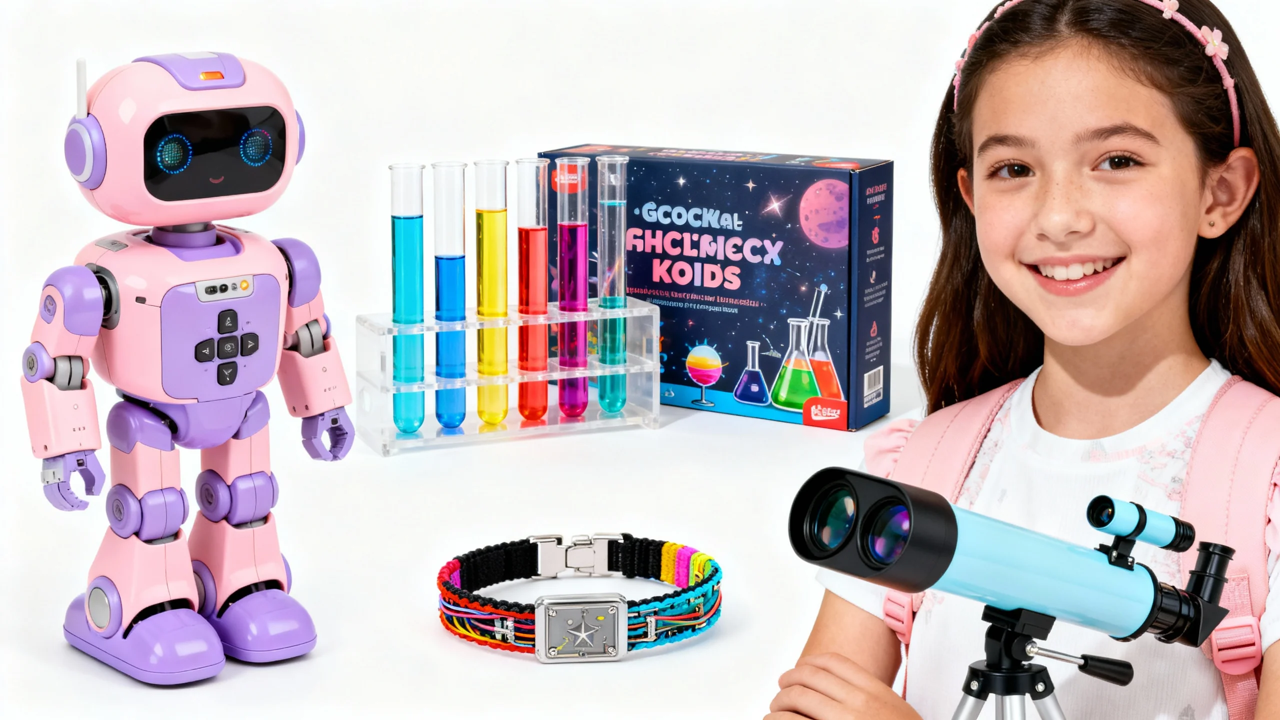 Smiling tween girl with a blue telescope, colorful science kit with test tubes, pink and purple robot toy, and a multicolor bracelet watch